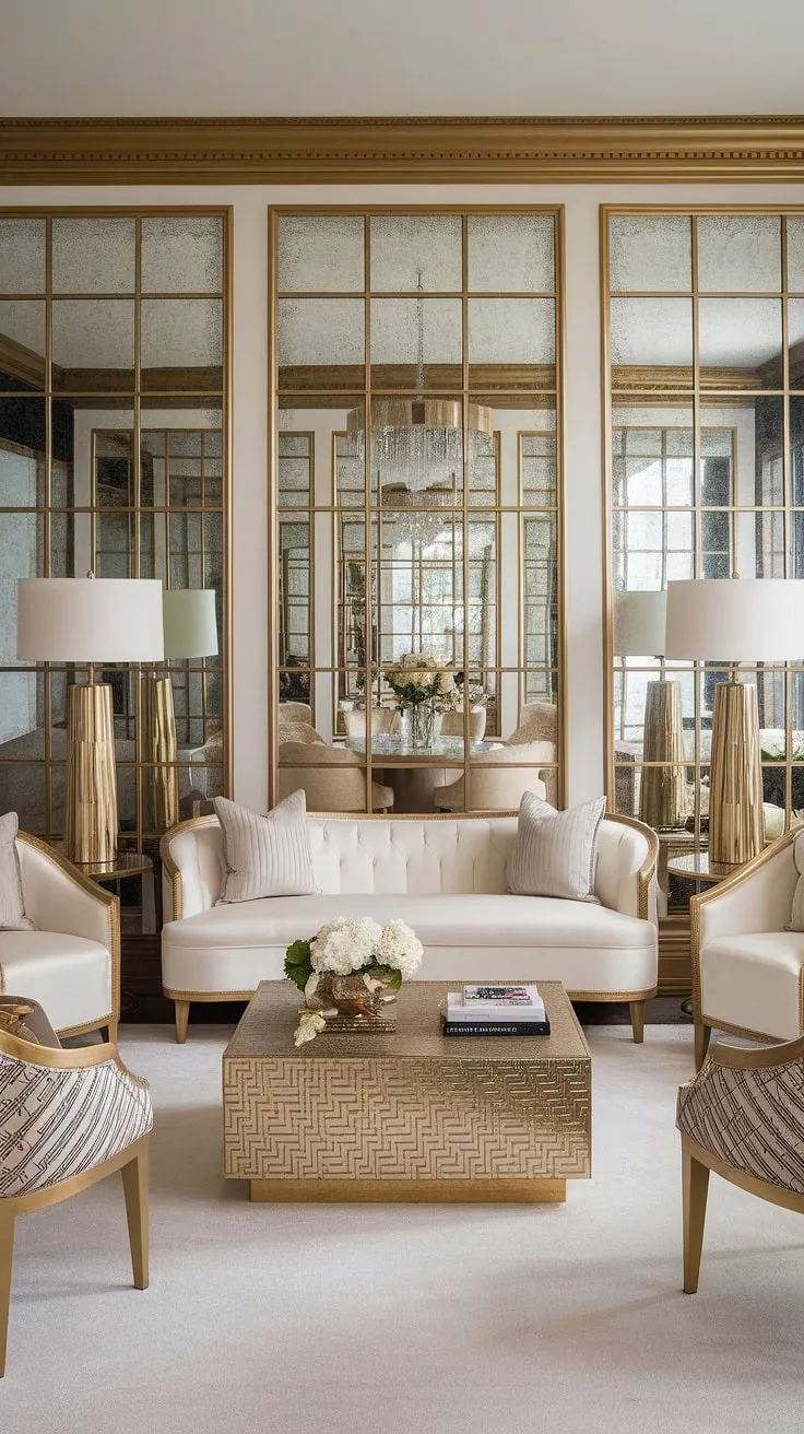 Step into a world of old Hollywood glamour. This Gatsby-inspired living room, with its shimmering gold accents, plush white sofa, and geometric patterns, is the epitome of refined elegance. The expansive mirrors and luxurious details create a sense of timeless sophistication, seamlessly flowing into the equally opulent dining area beyond. A truly captivating space.