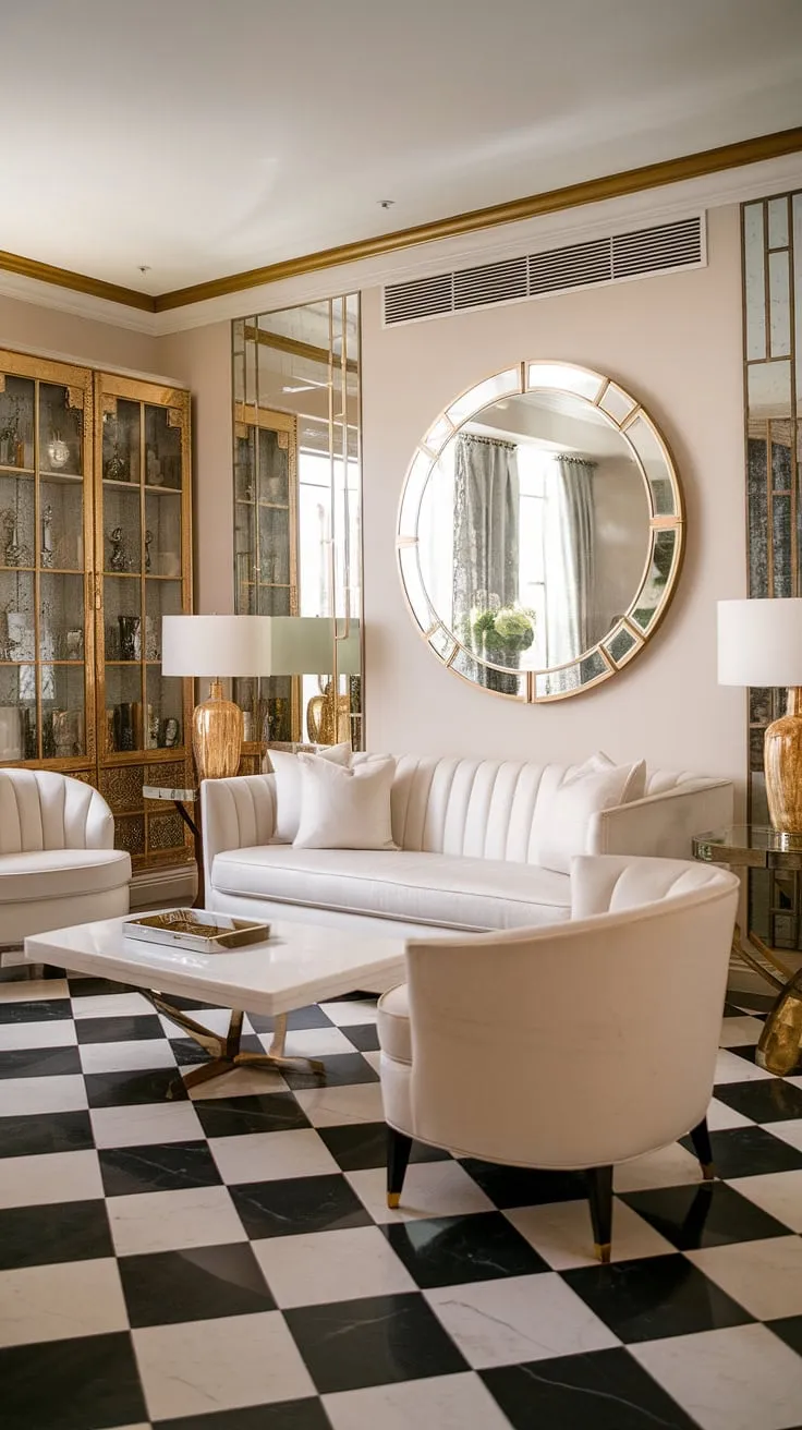 This Hollywood Regency living room is a testament to timeless design. The interplay of white, gold, and black and white creates a visually stunning space, reminiscent of the roaring twenties. Every detail, from the ornate mirror to the carefully chosen furniture, speaks to a bygone era of unparalleled elegance and sophistication.