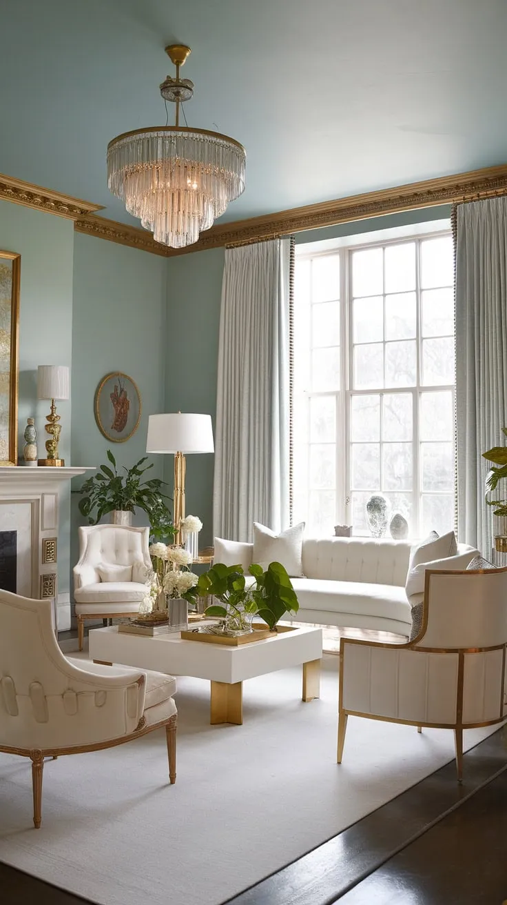 Step into Old Hollywood glamour. This living room, bathed in soft blue light and accented with gleaming gold, embodies refined elegance. The luxurious white sofa and shimmering chandelier create an atmosphere of timeless sophistication. A perfect blend of comfort and classic style.