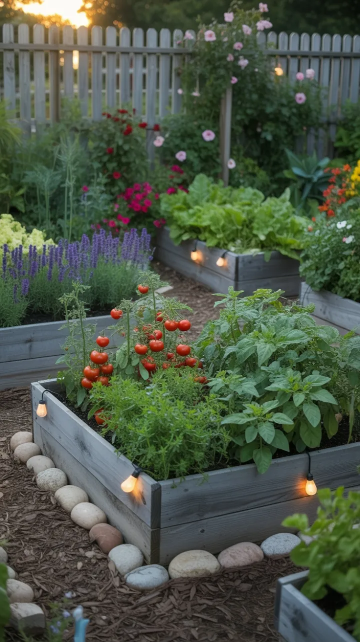Sunlit Abundance in a Rustic Raised-Bed Garden