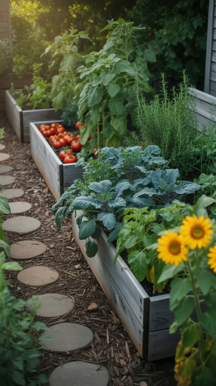 Sunlit Garden Overflowing with Tomatoes, Kale and Herbs