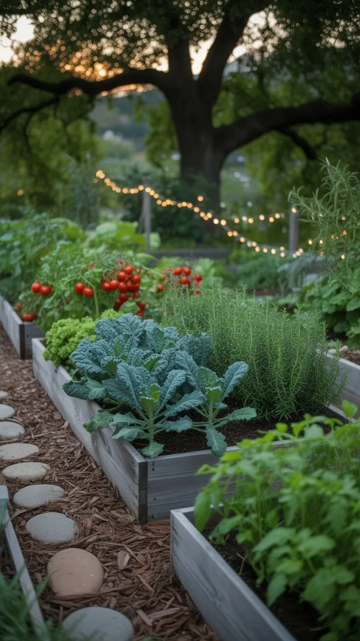 Oak-Shaded Raised Beds Brimming with Kale, Tomatoes, Herbs and Cozy String Lights