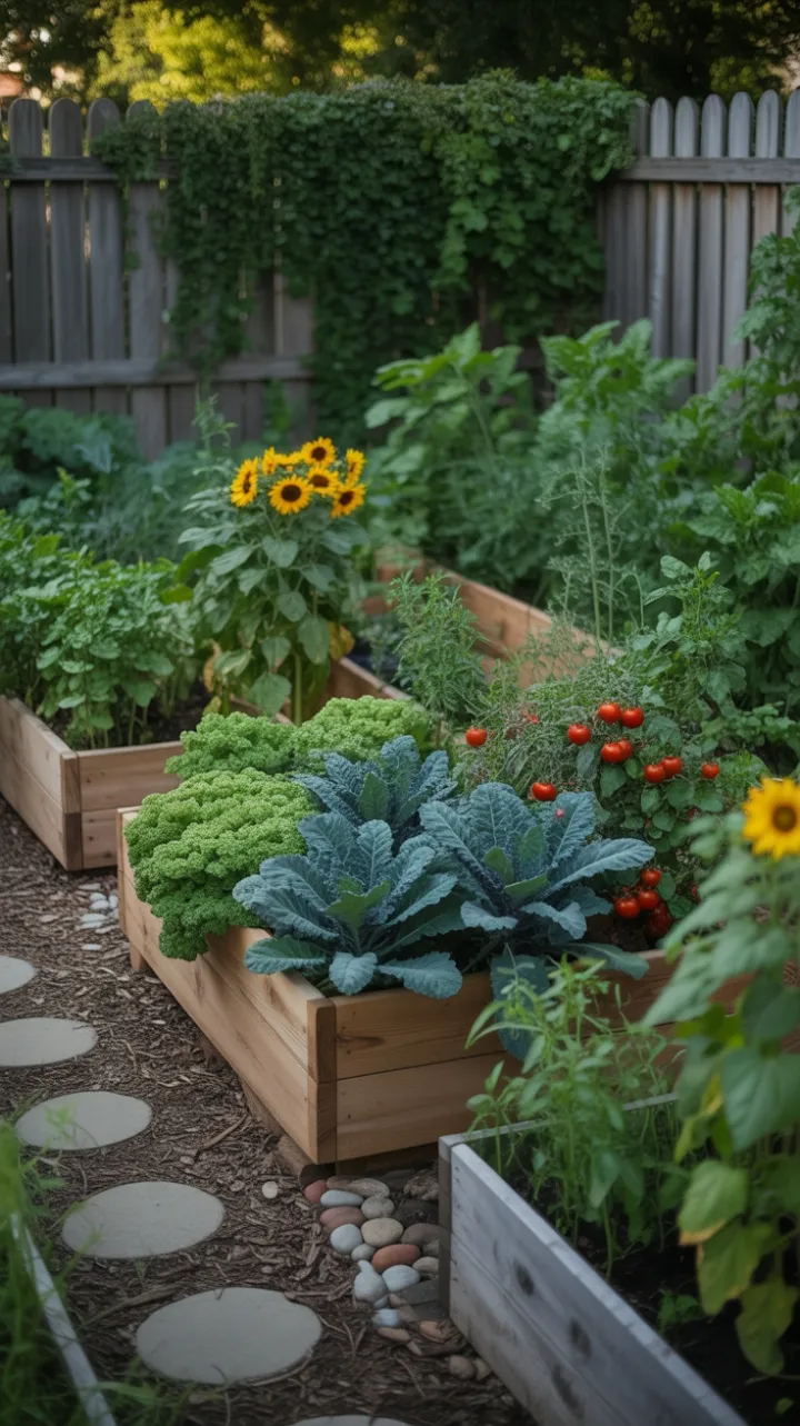 Sunlit Cedar Beds Overflowing with Kale, Tomatoes and Sunflowers