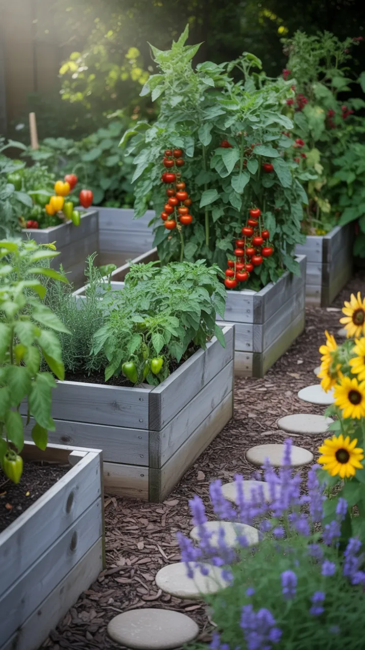 Sunlit Raised-Bed Garden Brimming with Ripe Tomatoes, Herbs and Sunflowers