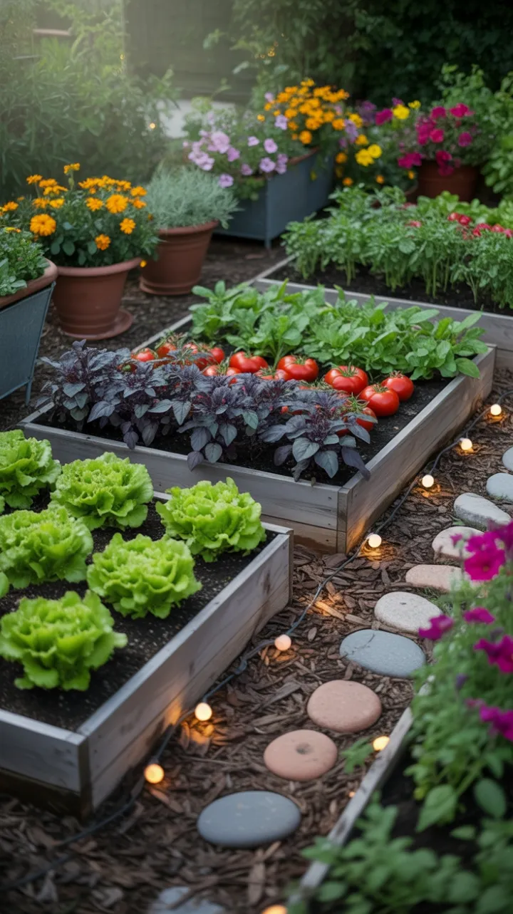 Sunlit Raised-Bed Garden Bursting with Color and Life
