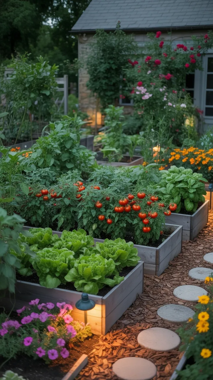 Sunlit Cottage Garden Overflowing with Tomatoes, Herbs, and Blooms