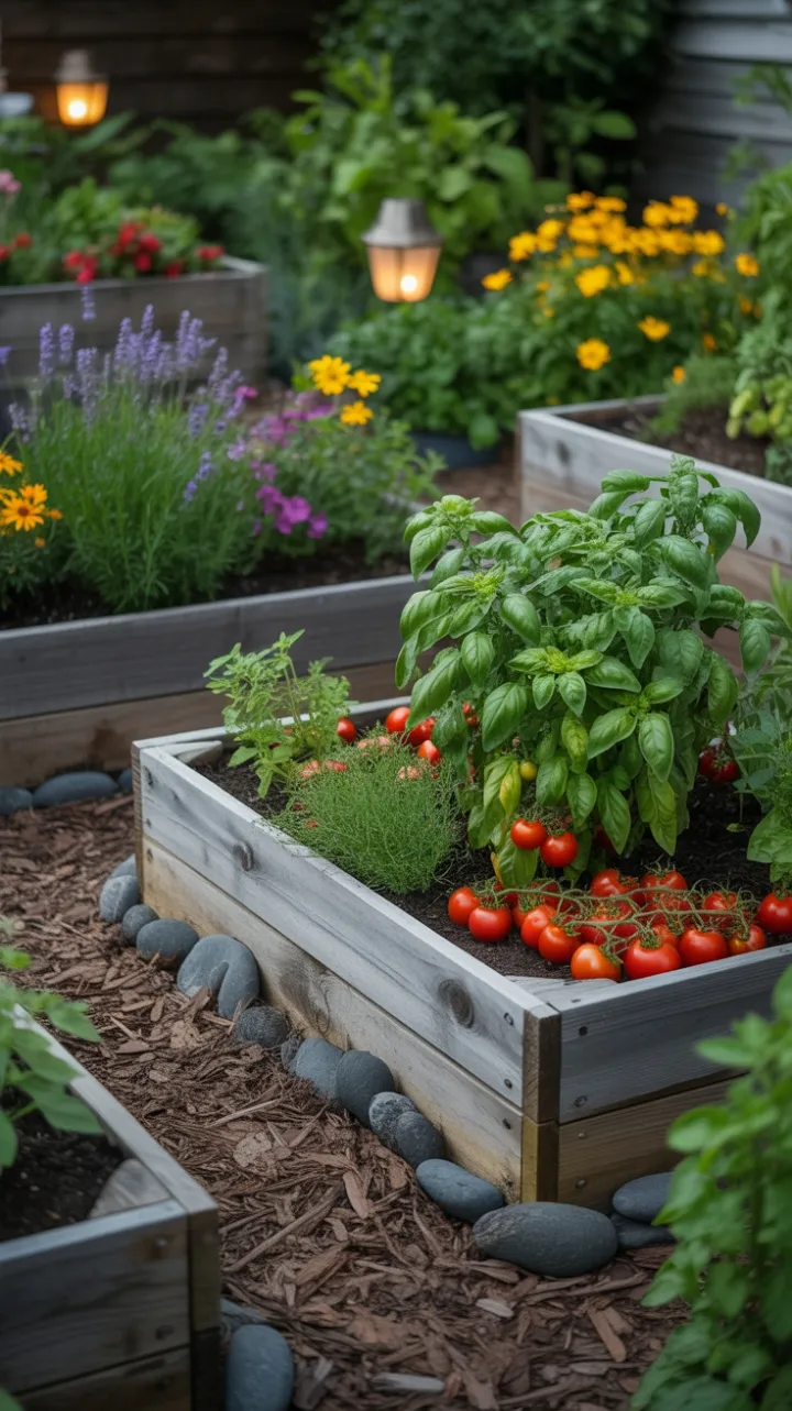 Sunlit Reclaimed Raised Beds Bursting with Tomatoes, Basil and Blooms