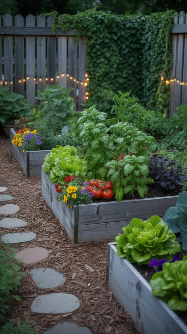 Twilight Kitchen Garden with Lush Raised Beds and Twinkling Lights
