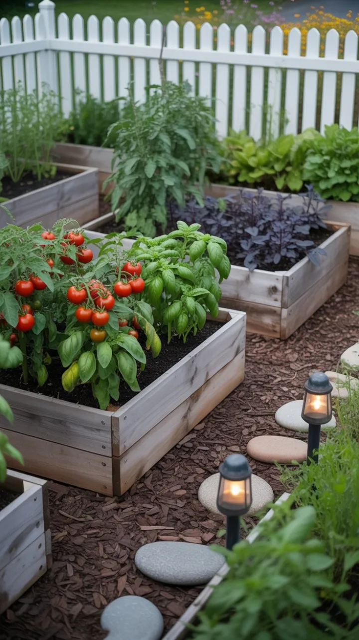 Sunlit Cedar Raised Beds Brimming with Tomatoes, Basil and Purple Eggplant