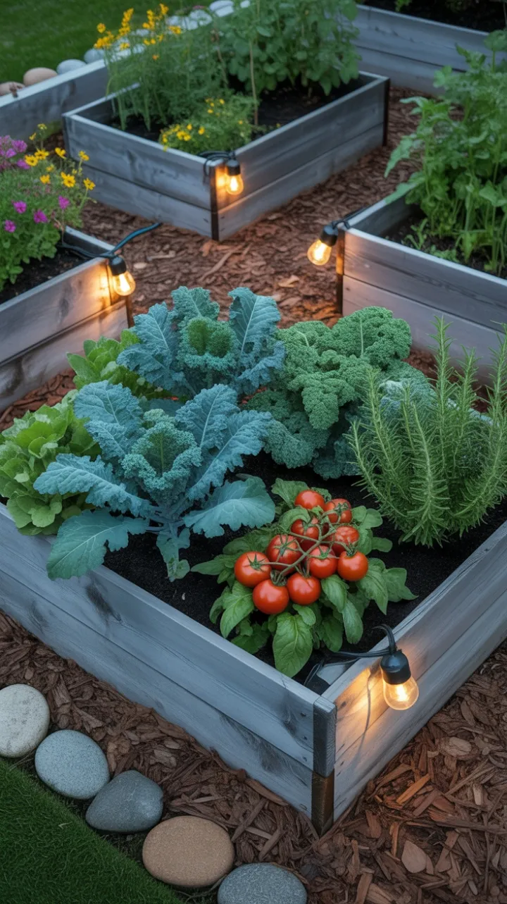 Sunset Glow on a Lush Raised-Bed Garden of Tomatoes Kale and Rosemary