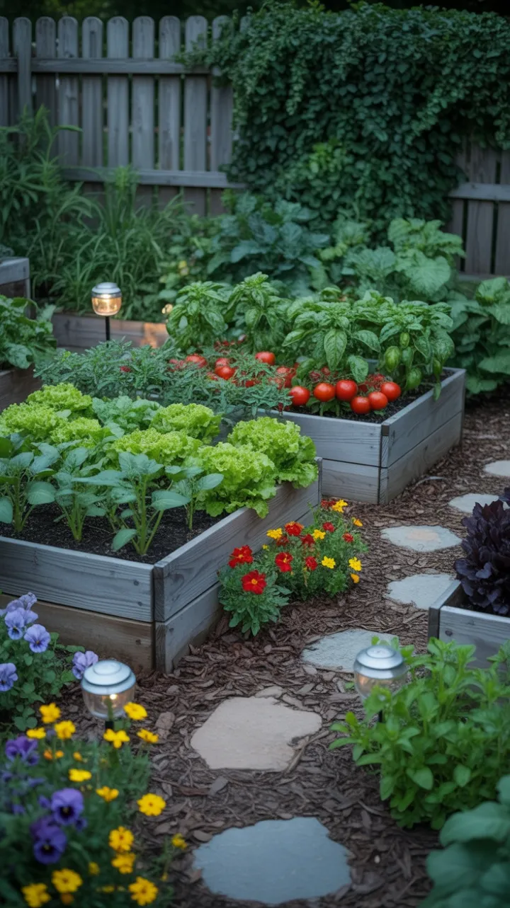 Sunlit Rustic Garden Path Through Lush Raised Beds
