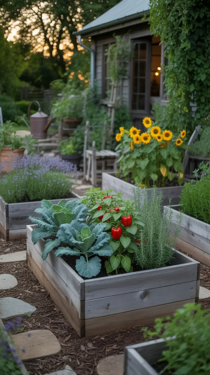 Sunlit Cottage Garden Brimming with Kale Peppers Lavender and Sunflowers