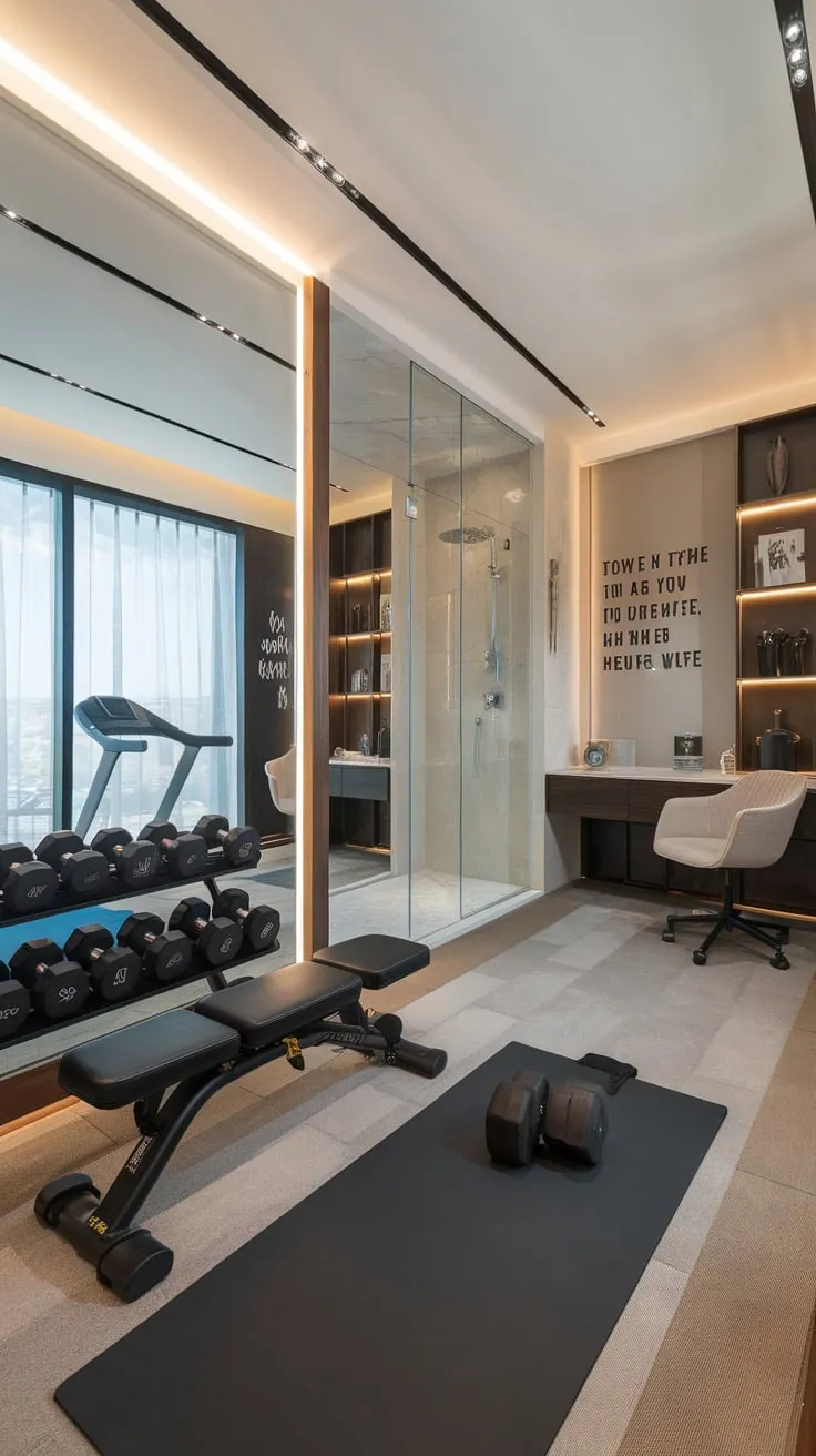 A sleek apartment home gym for women boasts a motivating mirror, complete workout equipment, a shower, and a dedicated study space.