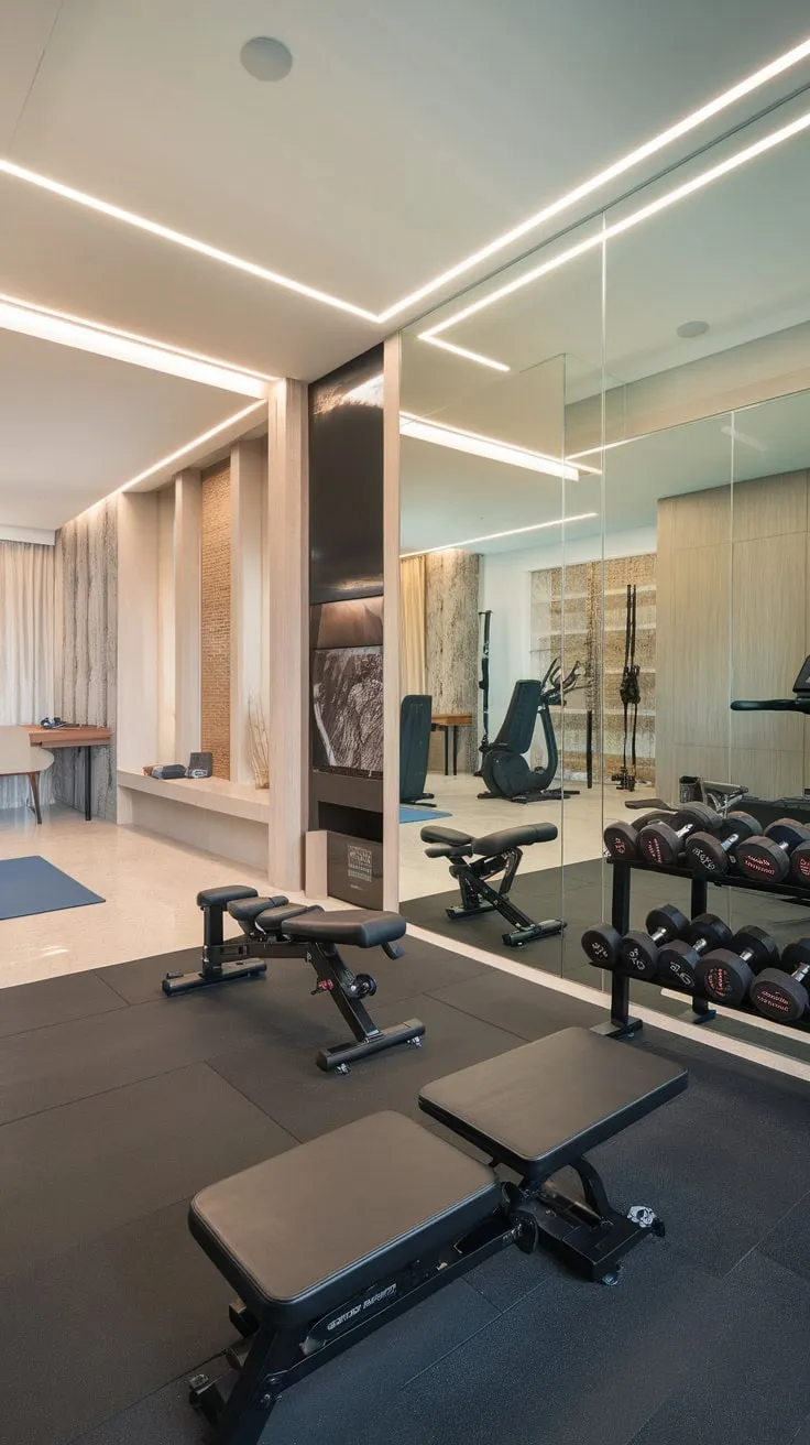 Transform your home into a luxurious fitness sanctuary with a mirrored wall showcasing state-of-the-art equipment and inspiring spaces for diverse workouts