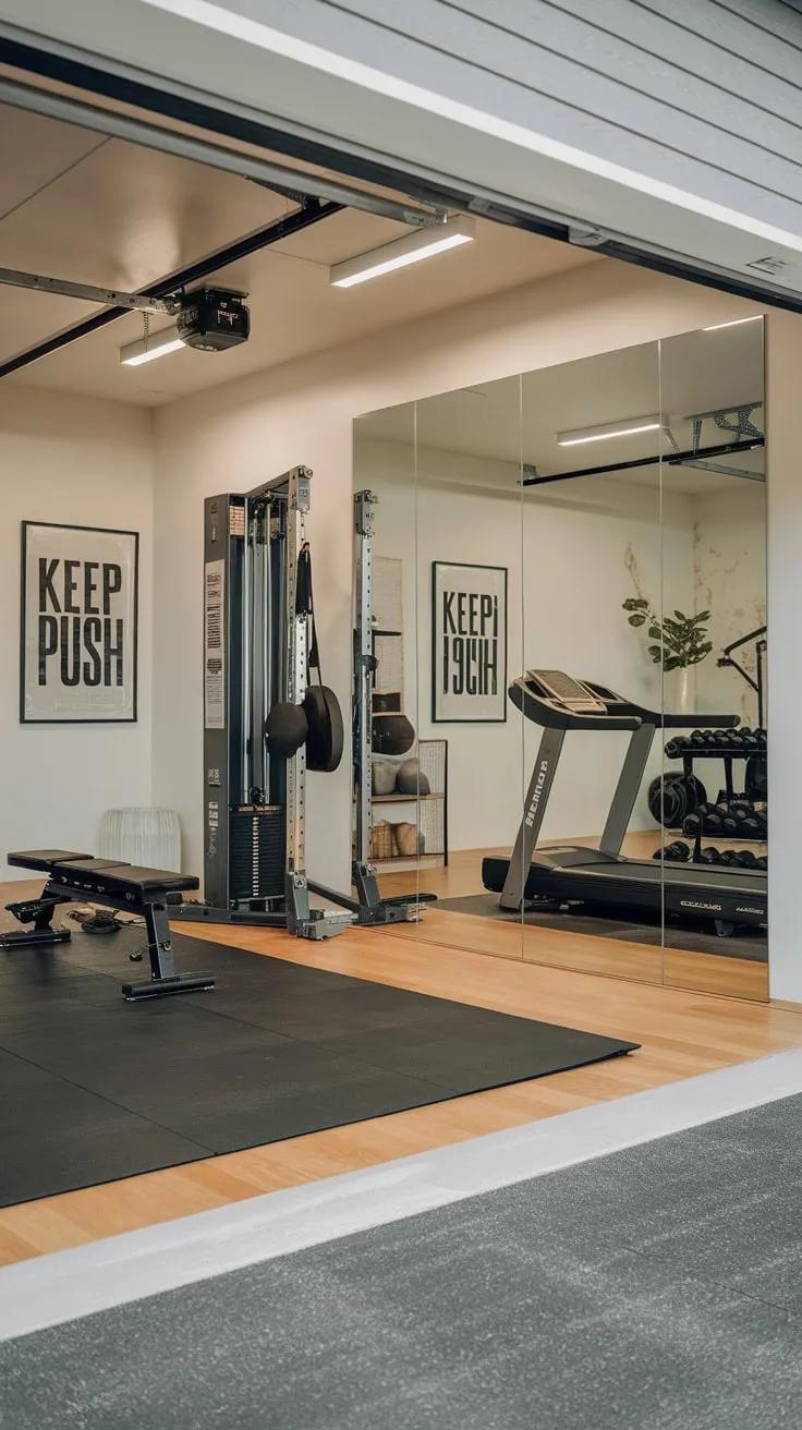 A bright garage gym with a large mirror reflects your dedication and progress as you conquer your workout on a wooden floor amongst your equipment.