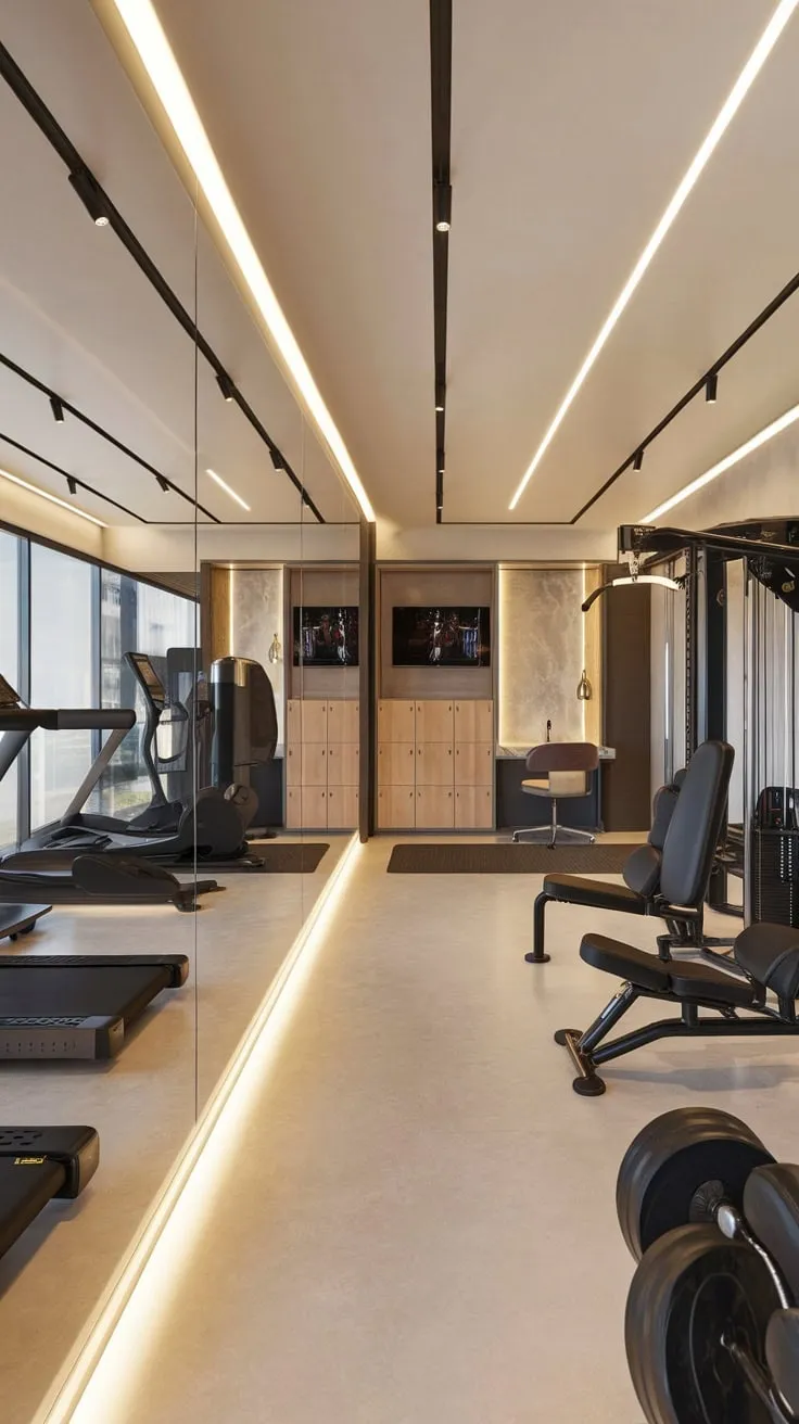 A stunning apartment home gym boasts a mirror wall, versatile workout space, and integrated locker room, studio, and study, all within a sleek modern design.