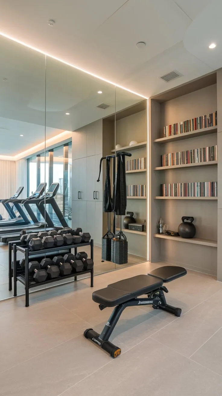 Transform your home workout with a stunning gym boasting a mirrored wall, top-tier equipment, and integrated study and locker areas.