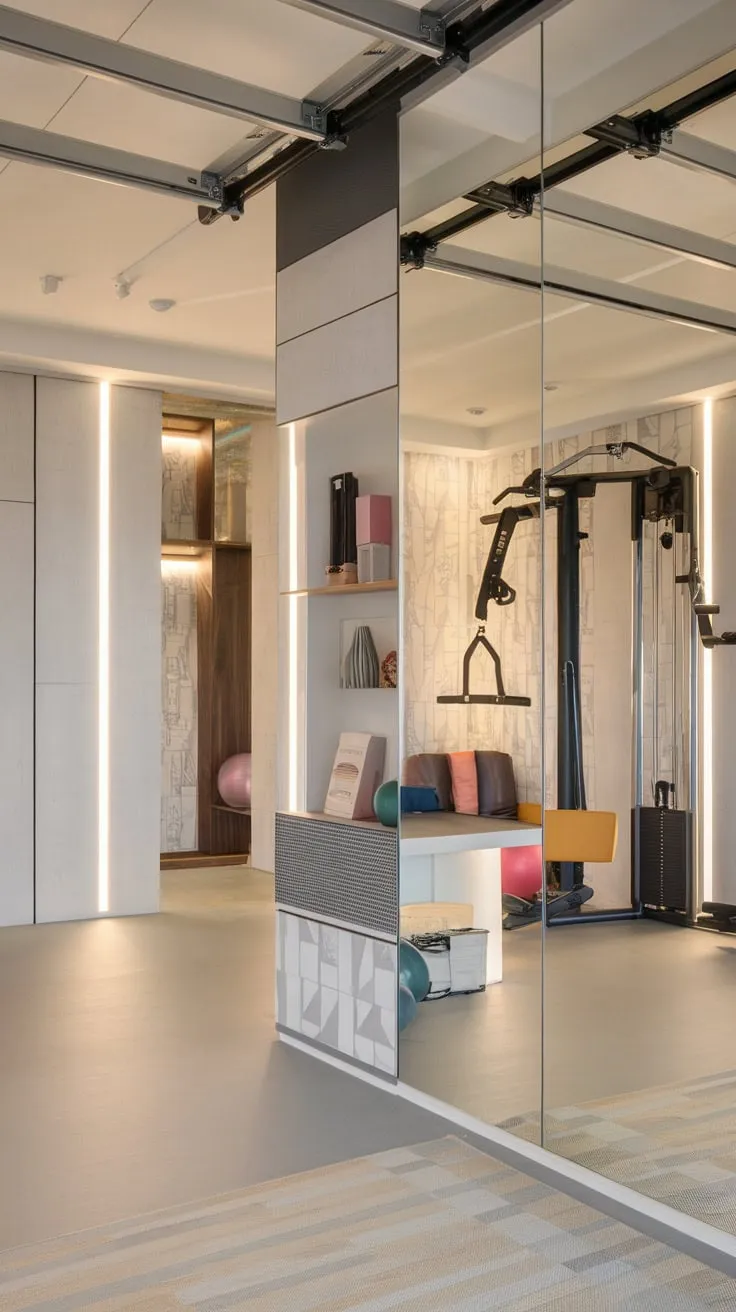 Transform your garage into a chic, mirrored fitness haven designed for women, featuring a studio, locker room, and study area.