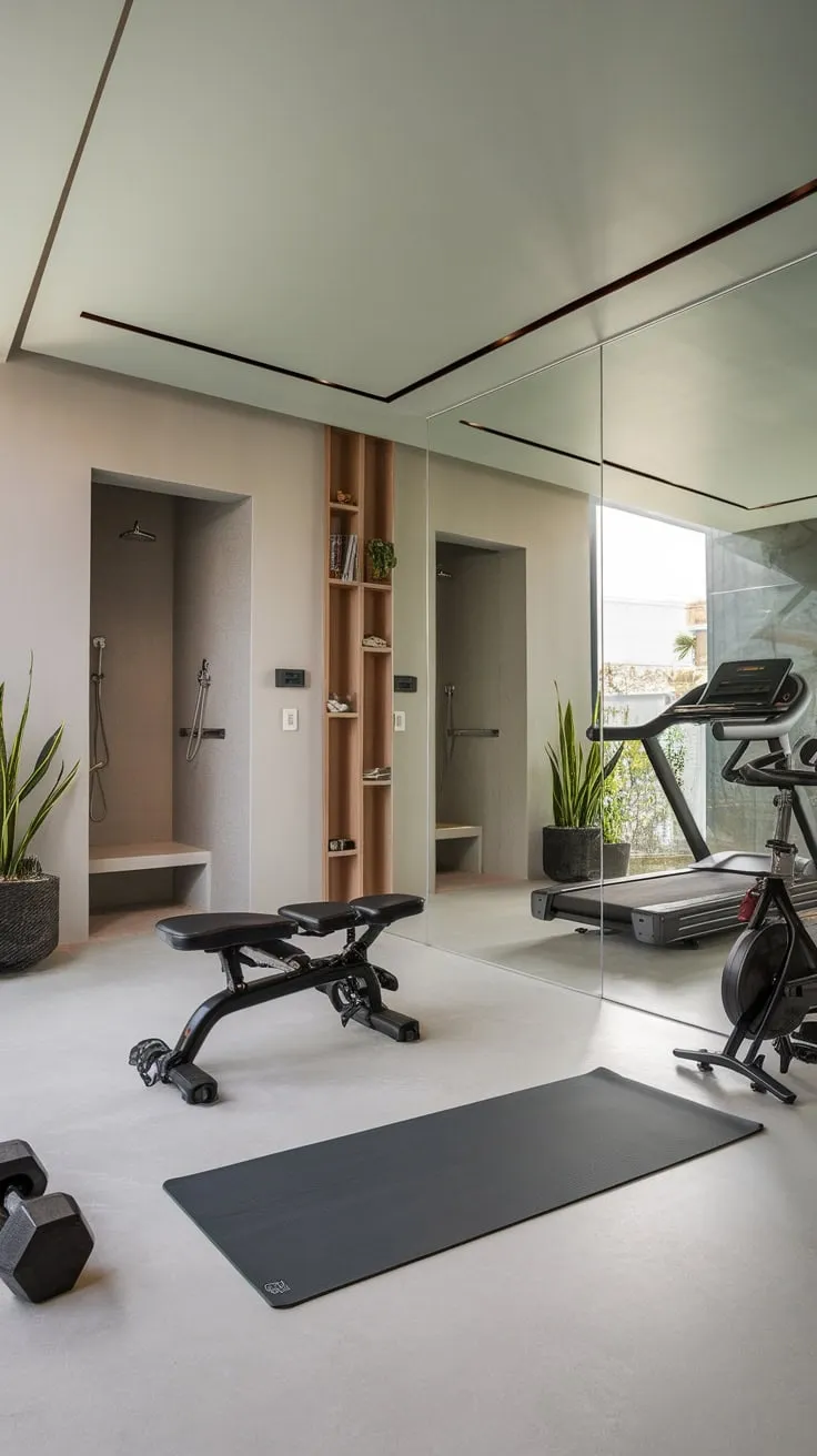 Transform your home workout with a sleek, mirrored gym featuring cardio equipment, weights, and a luxurious locker room for the ultimate fitness sanctuary