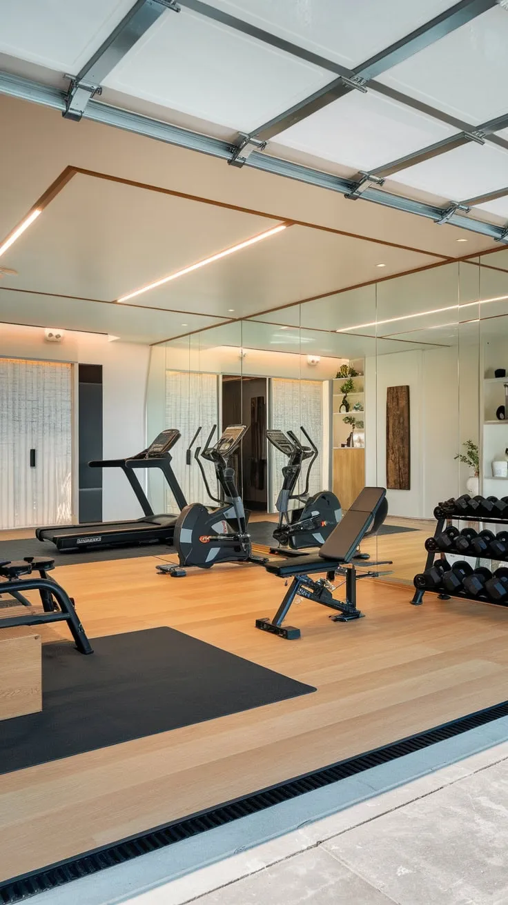 Transform your garage into a luxurious home gym studio featuring a stunning mirror wall and top-of-the-line equipment