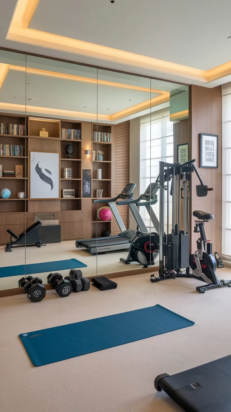 A large mirror enhances your stylish home gym, showcasing your workout progress in a space blending fitness and study with motivational decor and premium equipment.