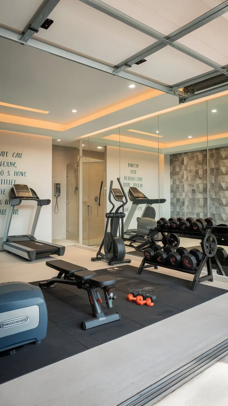 Transform your garage into a luxurious women's home gym featuring a mirrored wall, state-of-the-art equipment, and inspirational décor