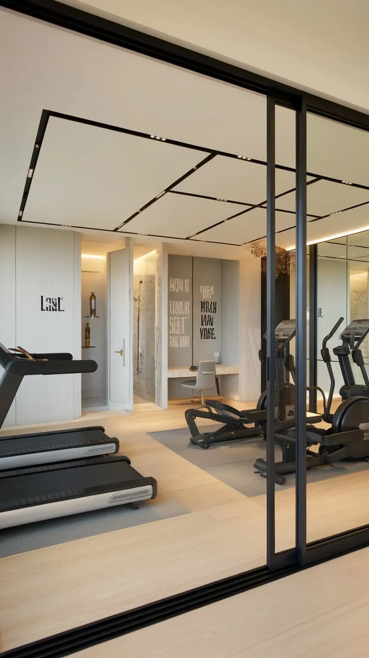 A spacious apartment gym boasts a motivating mirror, state-of-the-art equipment, and inspiring decor for the ultimate home fitness experience.