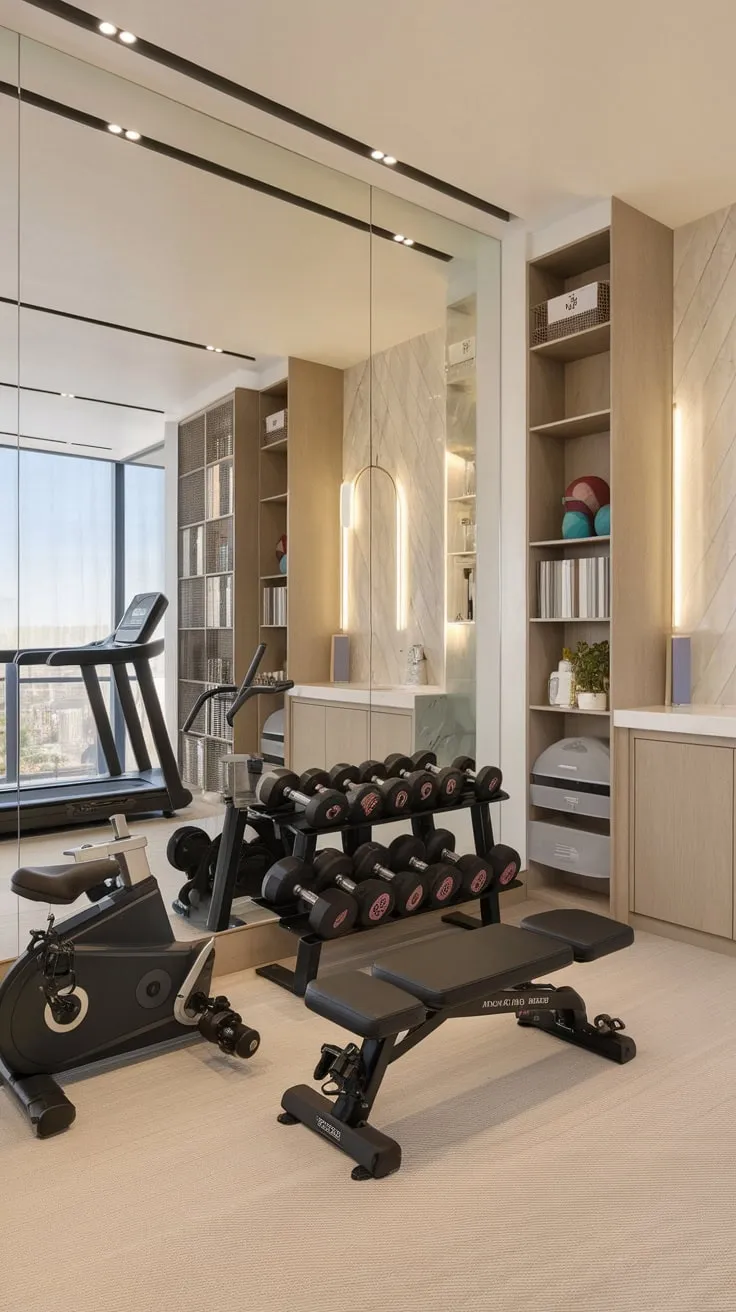 Transform your apartment into a stylish women's fitness haven with this mirrored home gym, complete with equipment, locker room, and integrated study area.