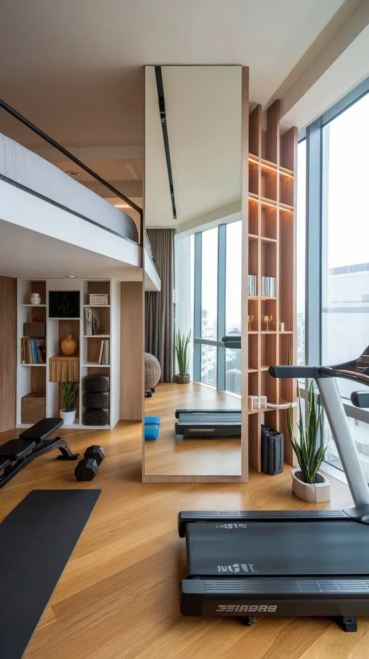 A modern home gym's stylish mirror reflects a stunning space blending fitness and sophisticated living.
