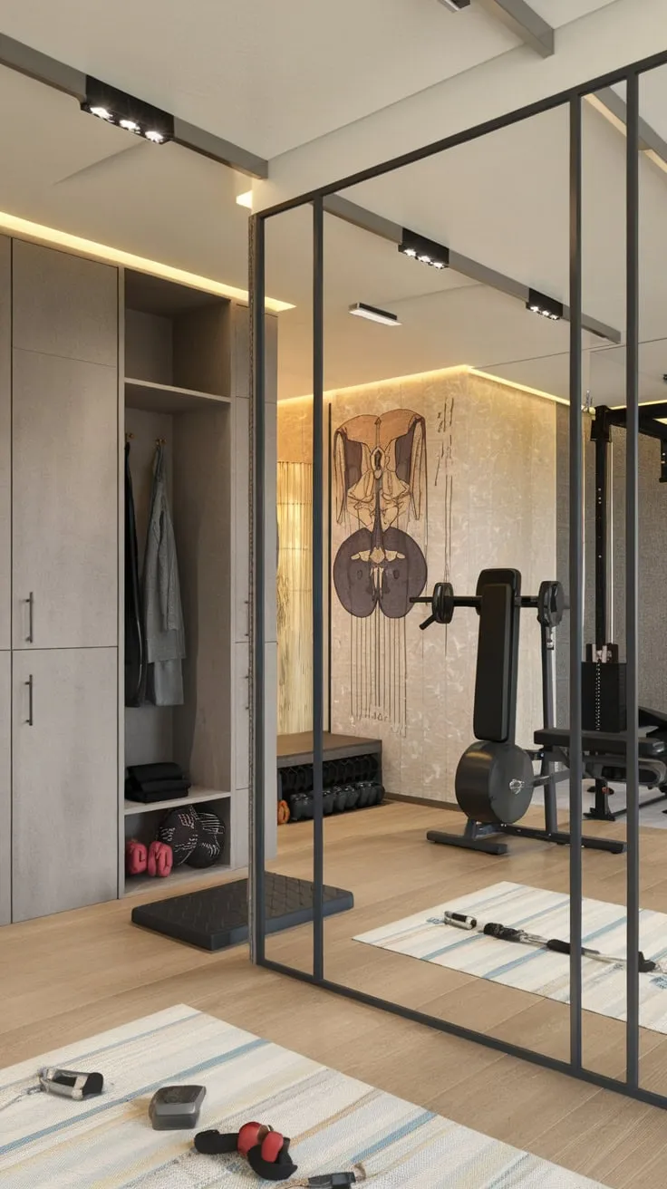 Transform your studio apartment into a luxurious, women-friendly home gym featuring a mirror, locker room, study, and stylish wall decor, incorporating garage gym ideas