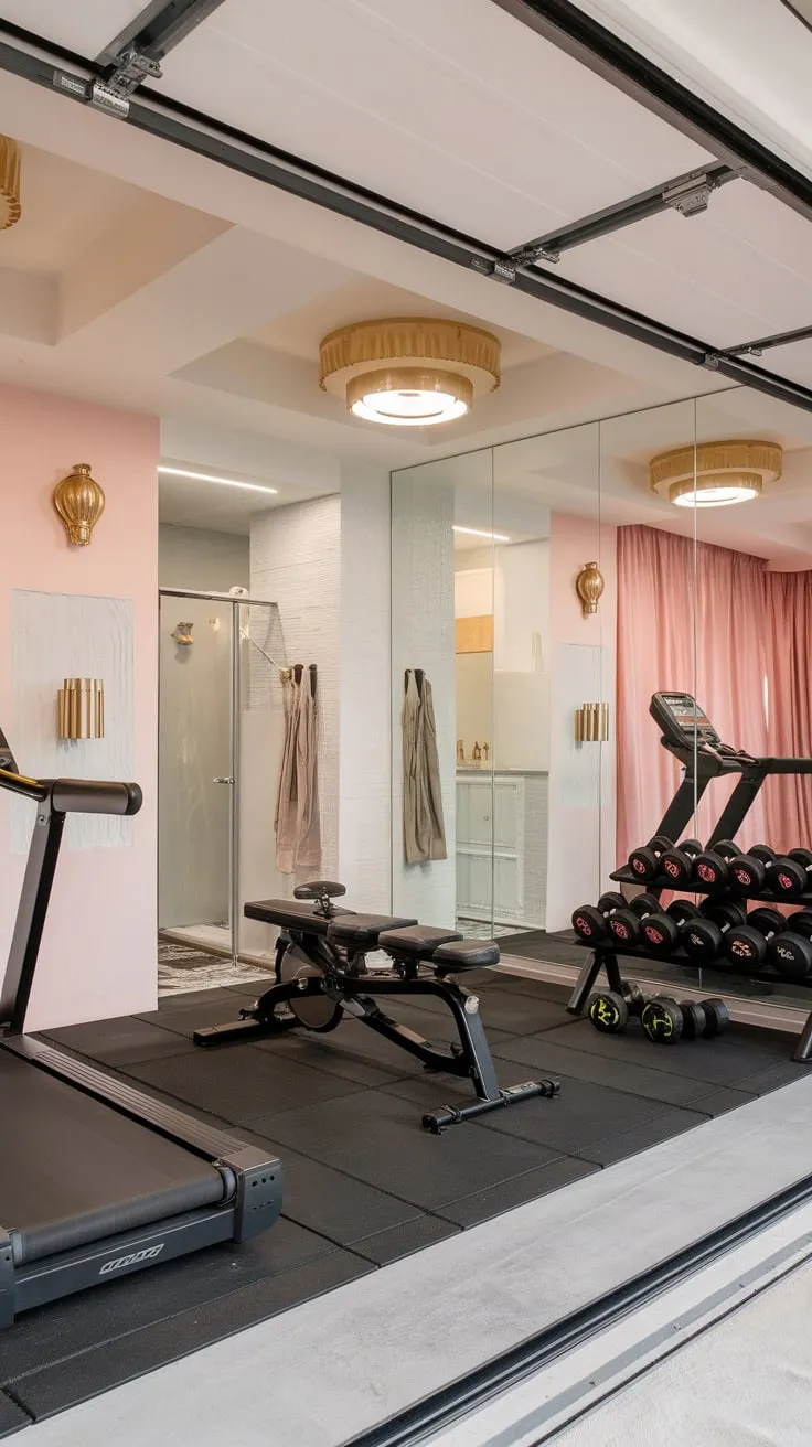 A luxurious pink studio apartment garage gym boasts a mirrored wall, complete workout equipment, a shower, and doubles as a study.