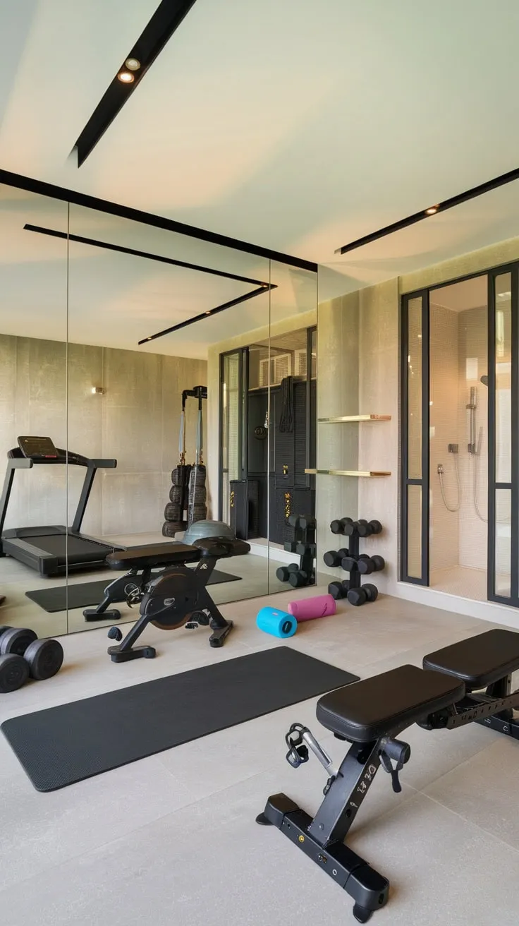 Transform your garage into a luxurious home gym studio featuring a large mirror, top-of-the-line equipment, and a convenient shower