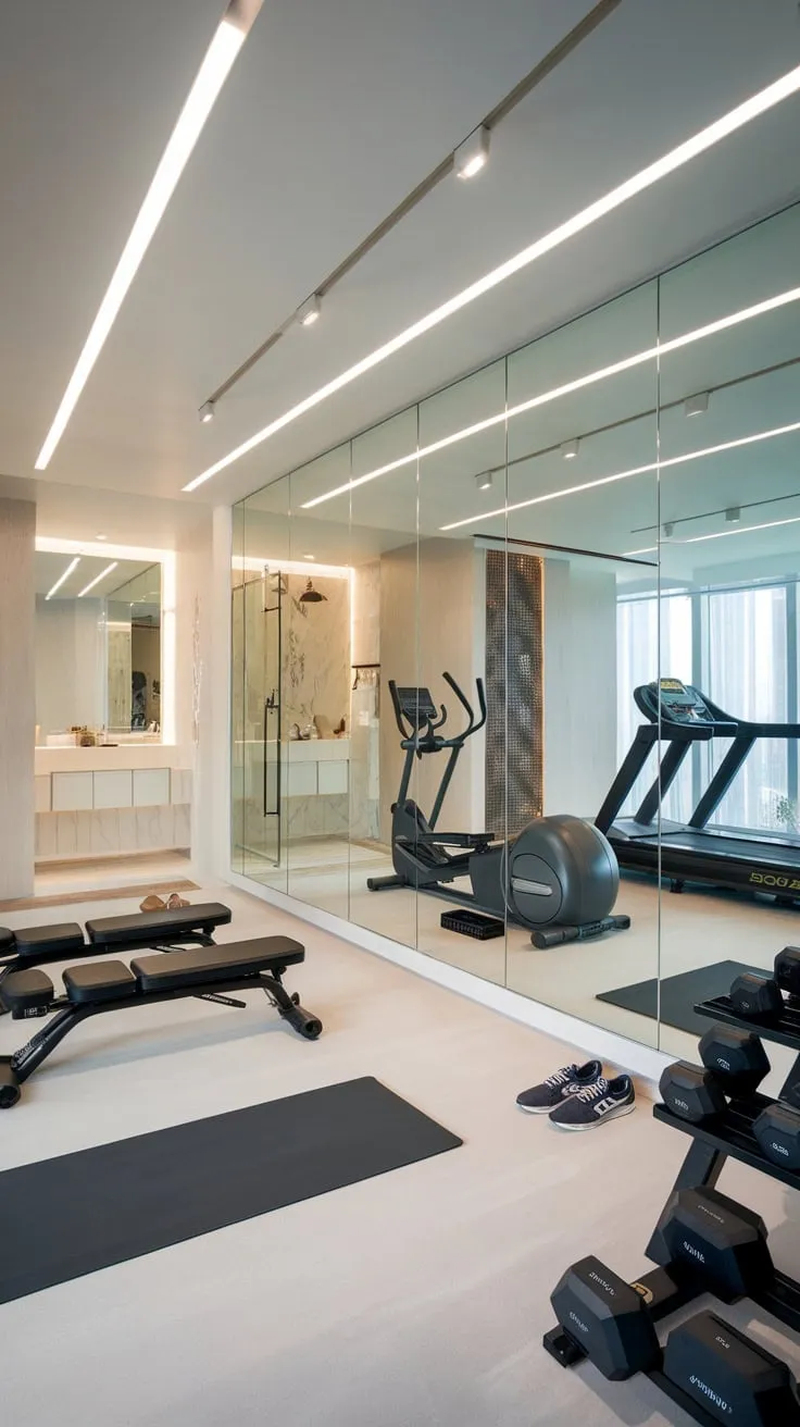 A spacious, well-lit studio apartment home gym featuring a mirrored wall, diverse equipment, and motivational decor creates a luxurious and inspiring workout space for women.