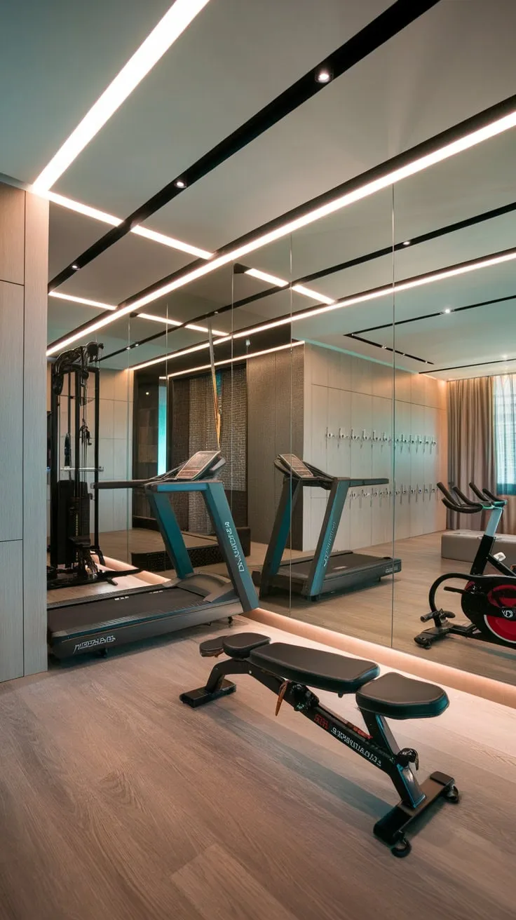 Elevate your fitness routine in a luxurious home gym featuring a mirrored wall, state-of-the-art equipment, and a sleek design integrating workout, storage, and study spaces