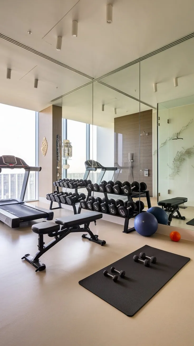 Transform your apartment study into a modern luxury home gym complete with a large mirror, cardio equipment, weights, and a relaxing shower.