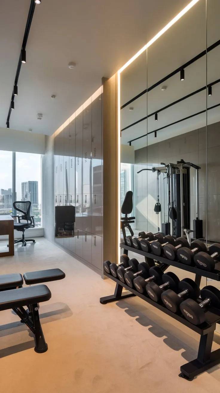 A bright, modern studio apartment boasts a complete home gym with mirror wall, weight machines, and a separate study, maximizing space and style.