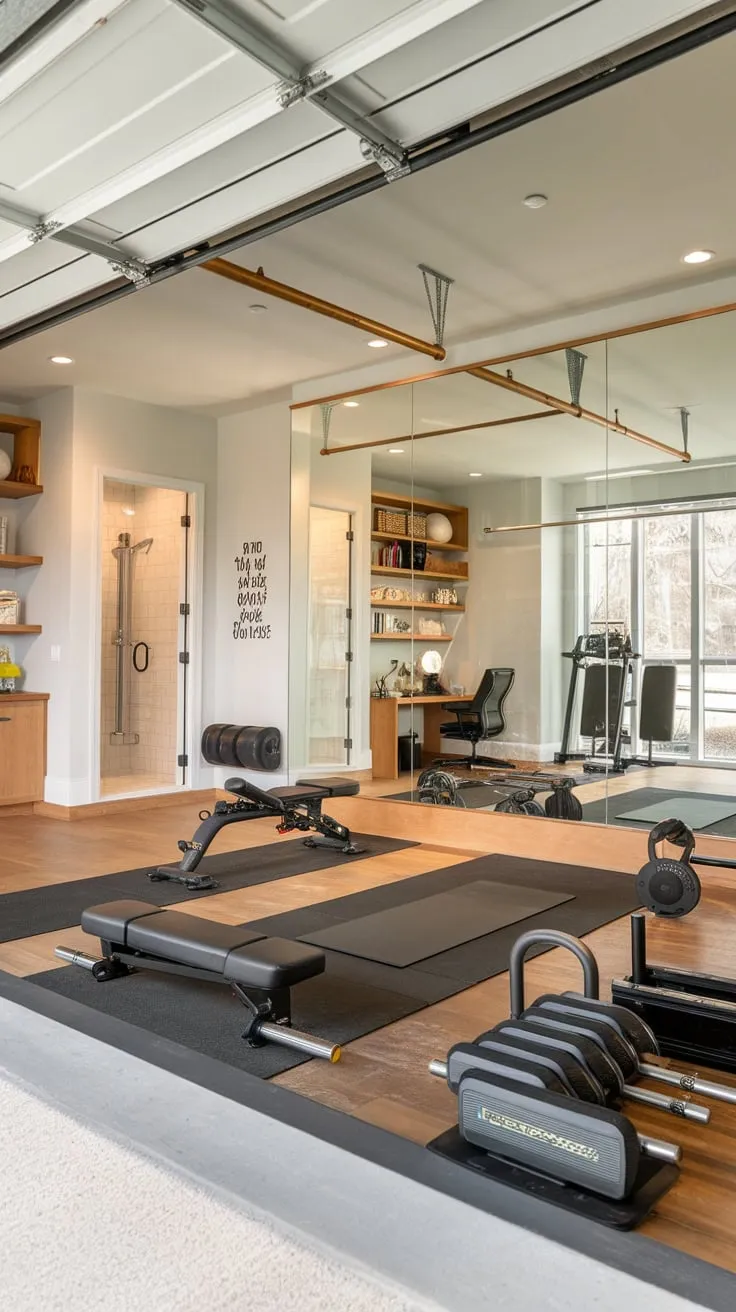 A stunning garage conversion creates a modern women's home gym complete with a mirrored wall, full equipment, locker room, studio, and study area.