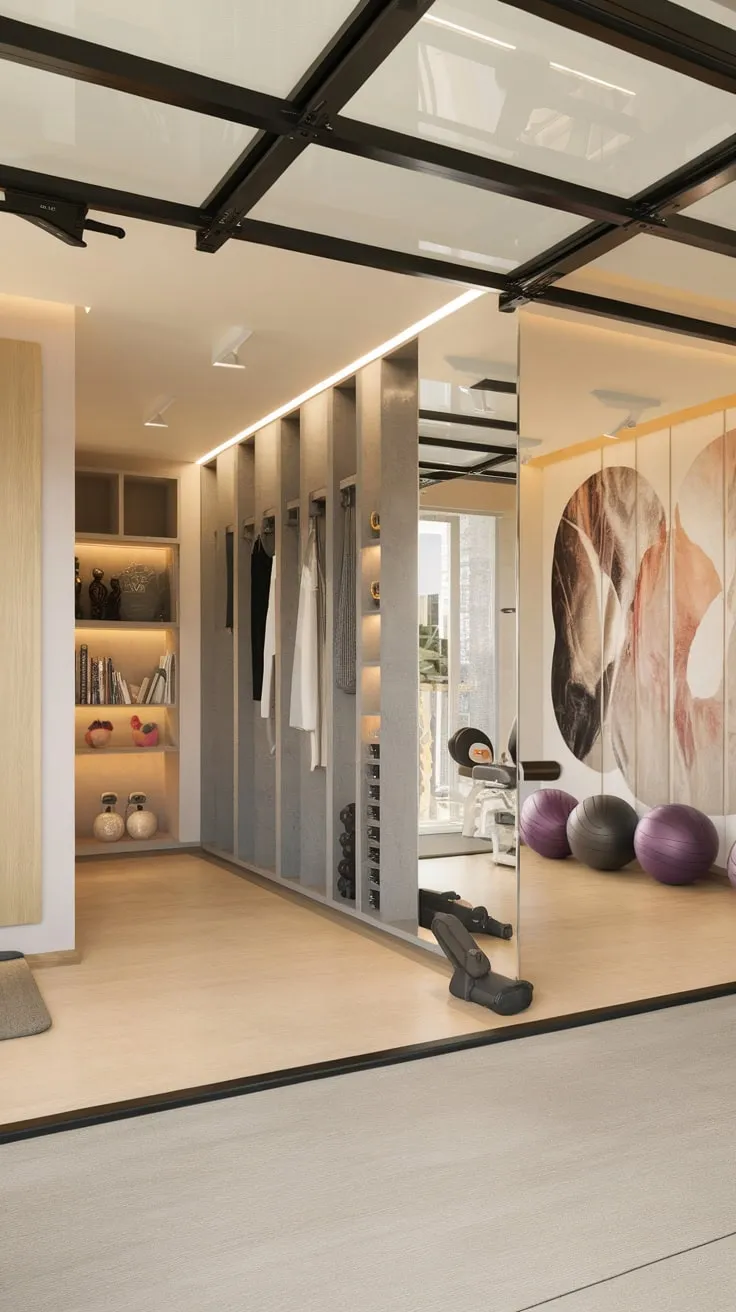 A luxurious women's home gym in a converted garage boasts a stunning mirror, complete with studio, locker room, study, and stylish wall decor.