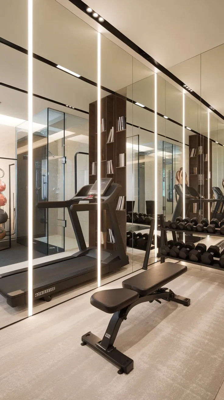 A luxurious apartment gym boasts a mirrored wall, state-of-the-art equipment, a shower, and even a study area.