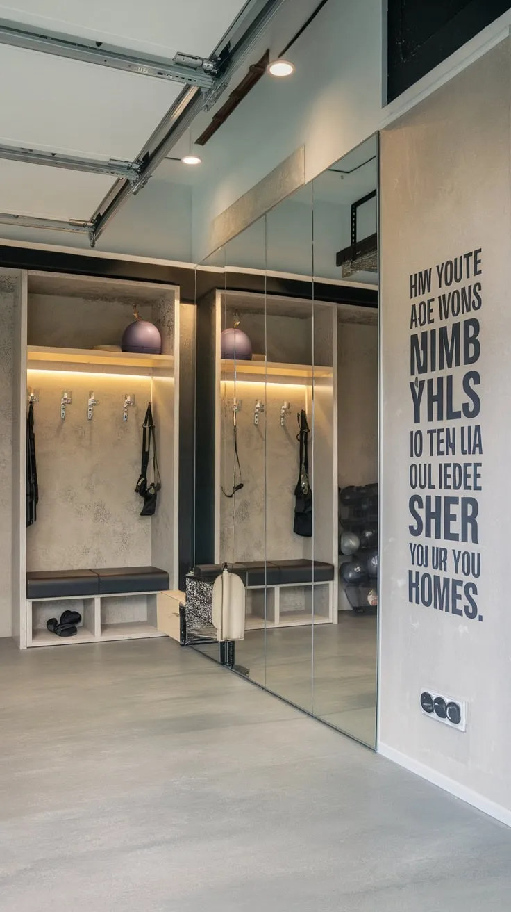 A luxurious women's apartment gym boasts a mirrored wall, motivational decor, and a convenient study area for ultimate fitness and wellness.