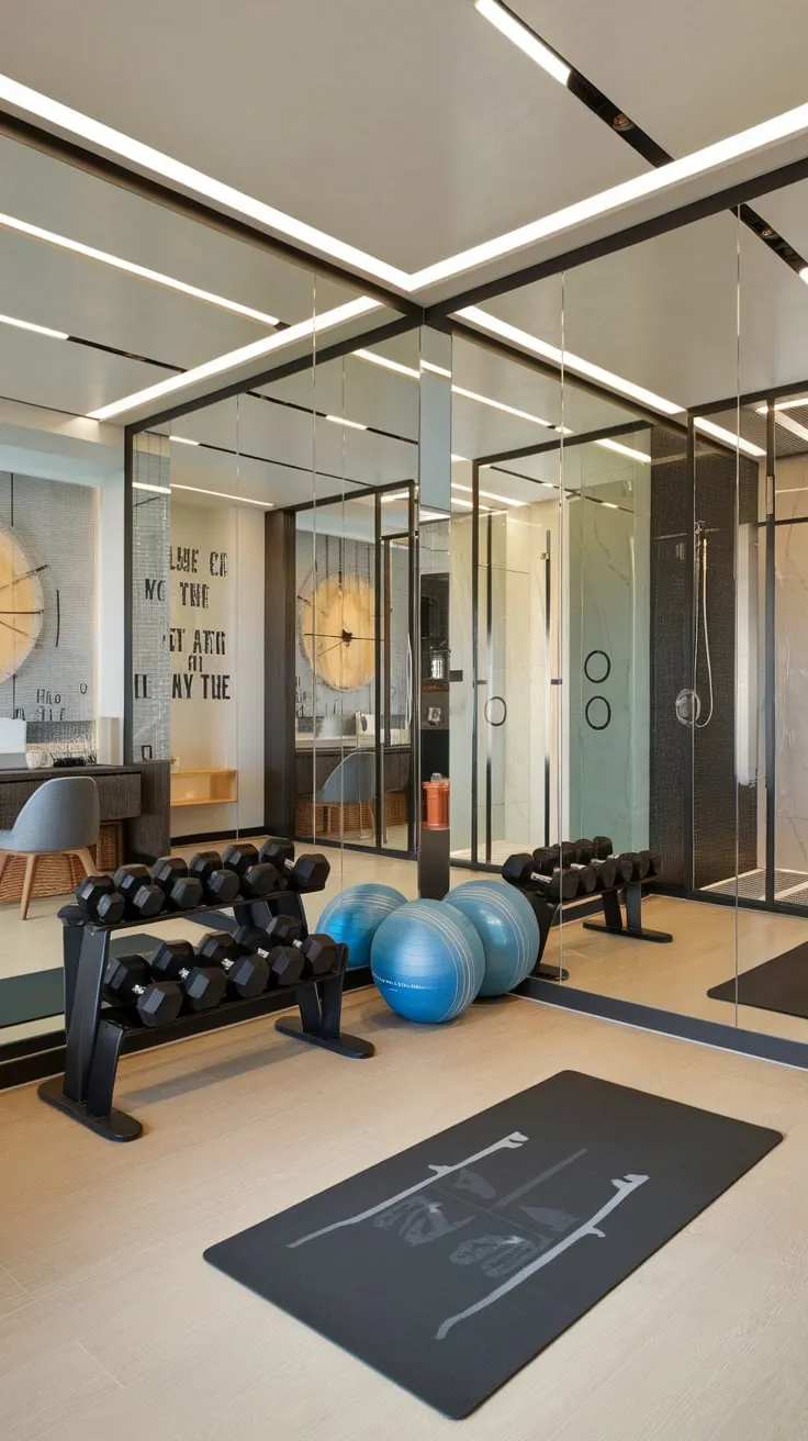 Transform your luxury studio apartment into a personal fitness haven with a mirrored home gym featuring a full workout setup, shower, and even a study area.