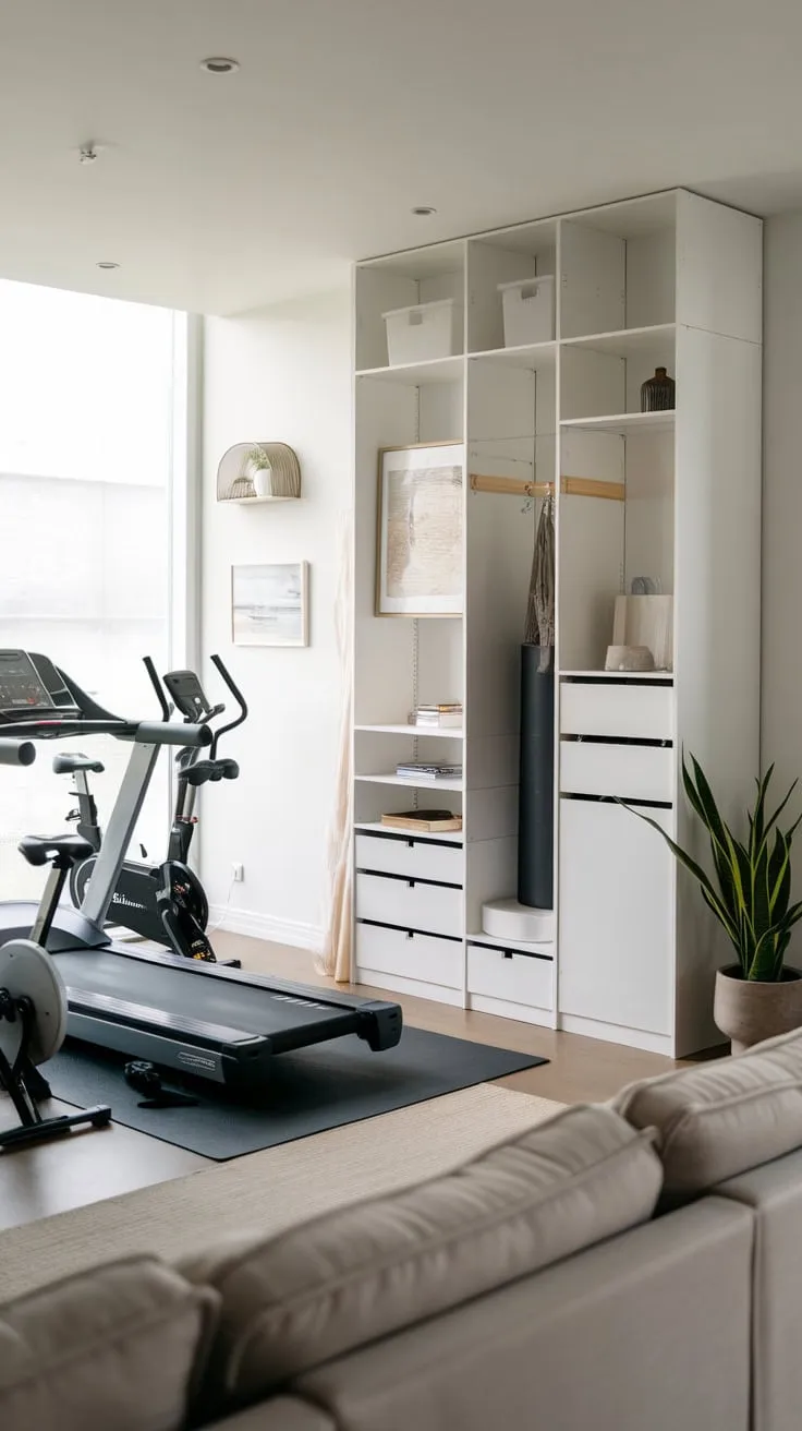 Maximize your home gym's potential with stylish white storage, cleverly concealing equipment while enhancing a living room's aesthetic appeal.