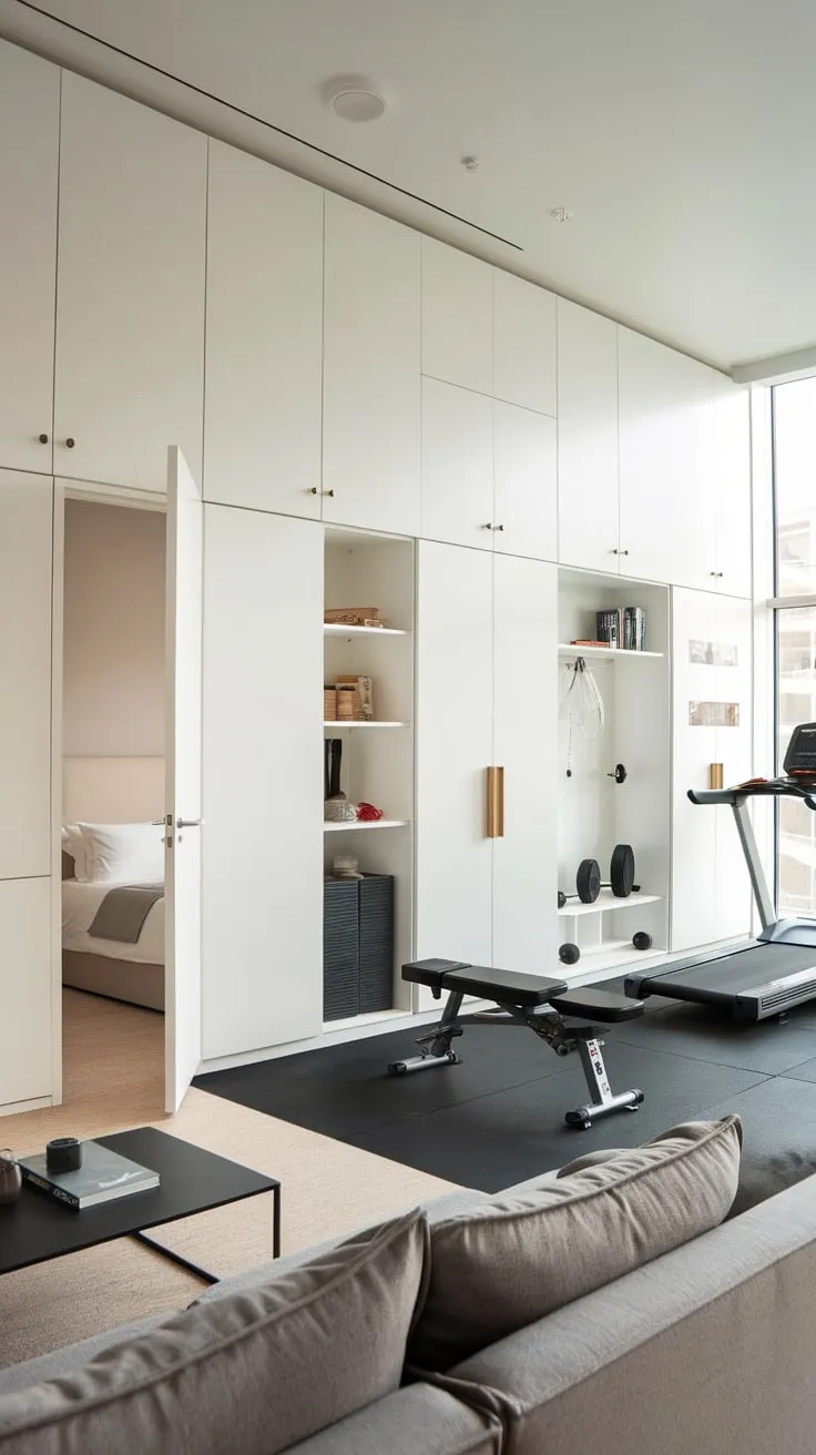 Sleek white storage units seamlessly integrate gym equipment and personal items in a bright, open-plan living space combining workout area, living room, and bedroom access.