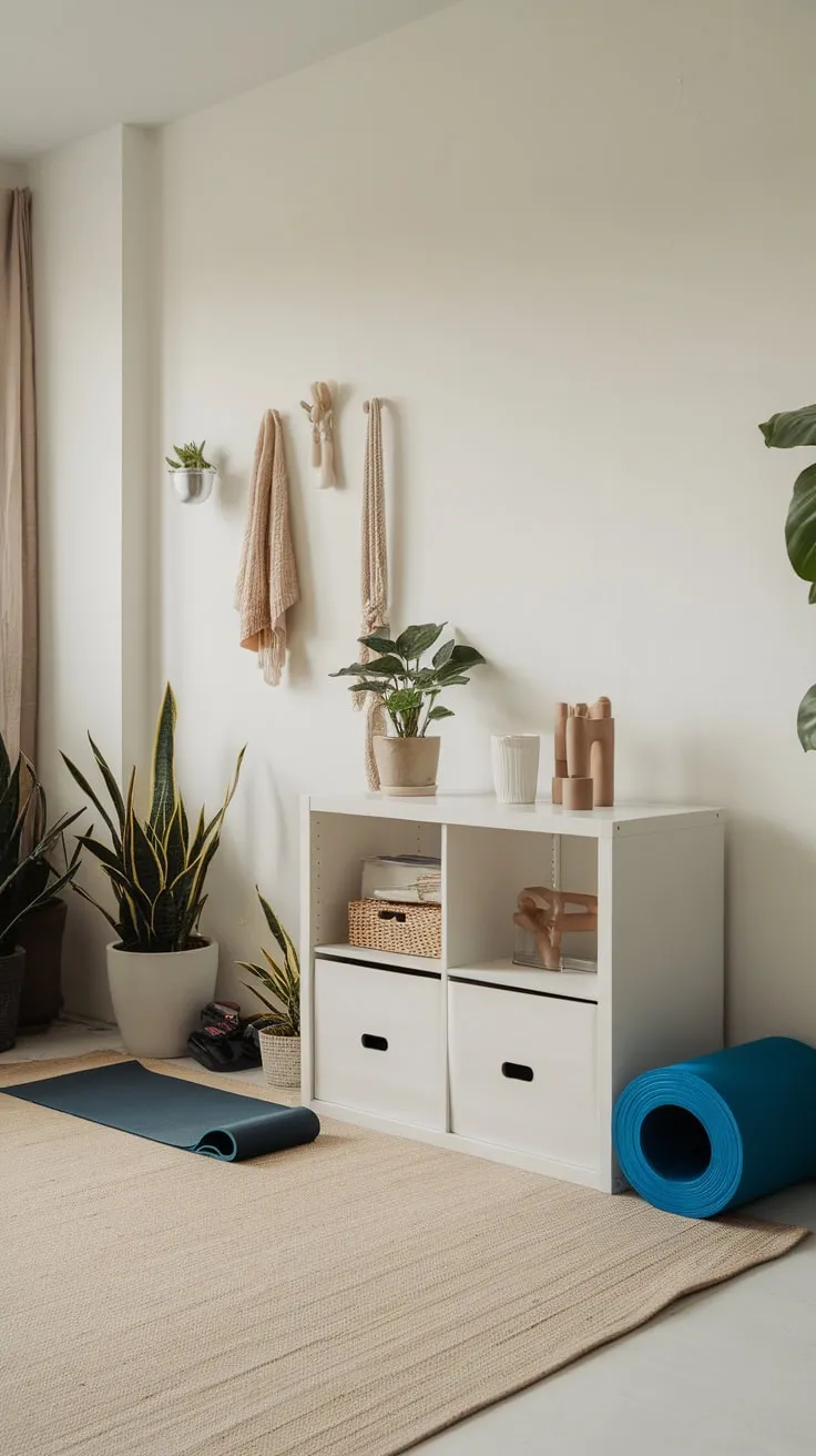 A stylish white storage unit keeps your home gym organized and visually appealing within a calming living space.