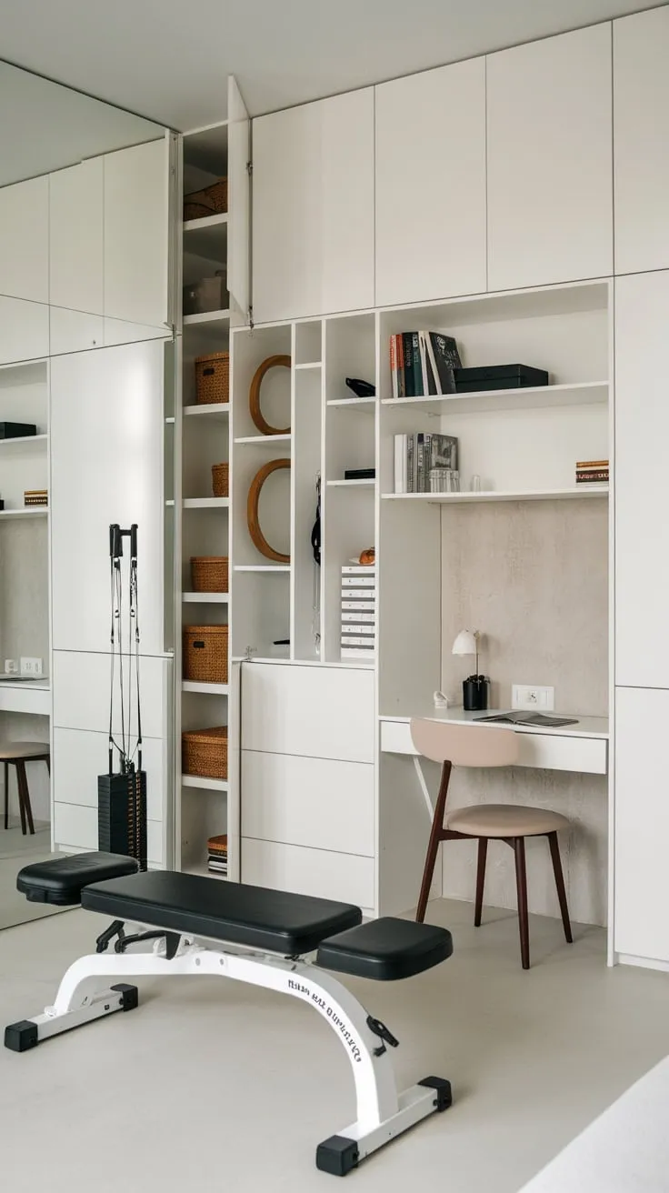 Sleek white storage units seamlessly integrate a minimalist home gym into a living room, maximizing space and style.