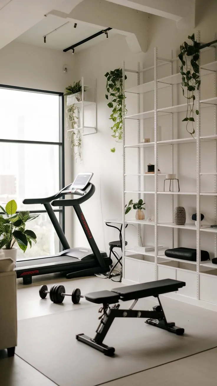 White storage shelves cleverly conceal a home gym's essentials within a stylish living space, creating a bright and efficient multi-purpose area.