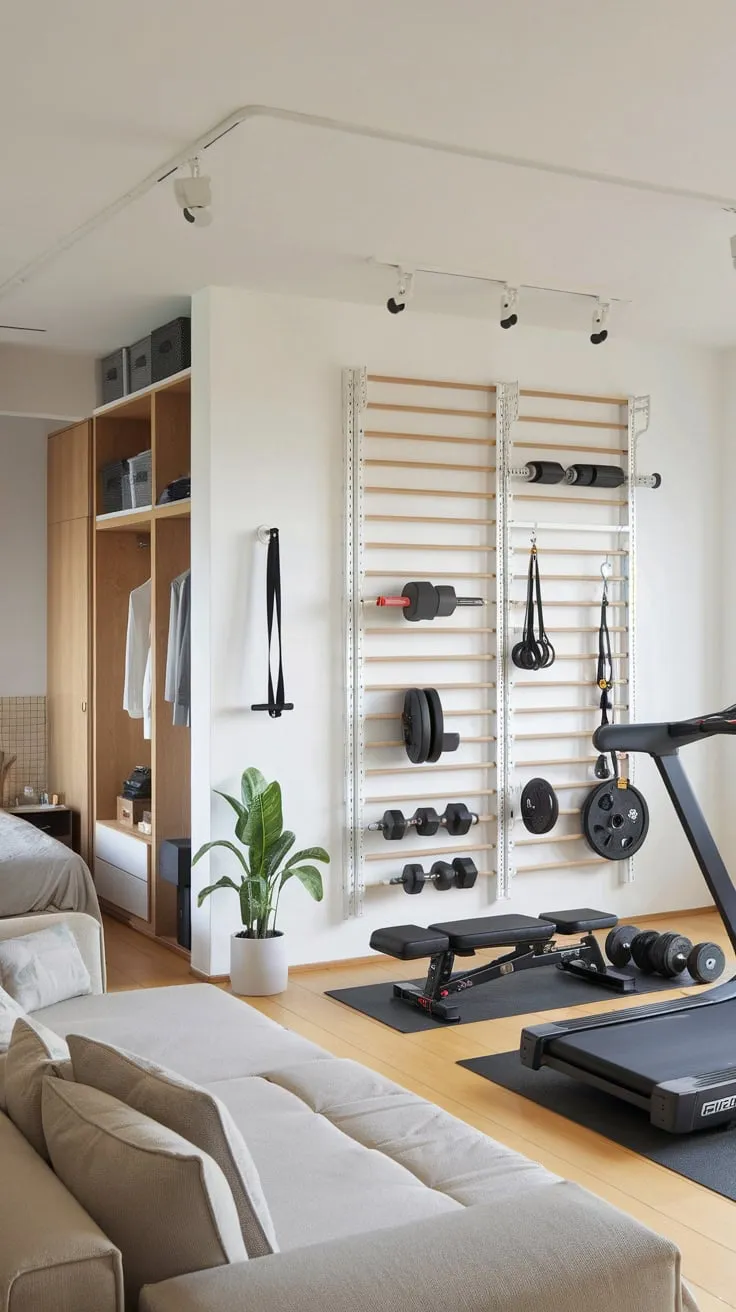 Clever storage solutions maximize space in a combined living room, bedroom, and home gym featuring a treadmill and weight bench.