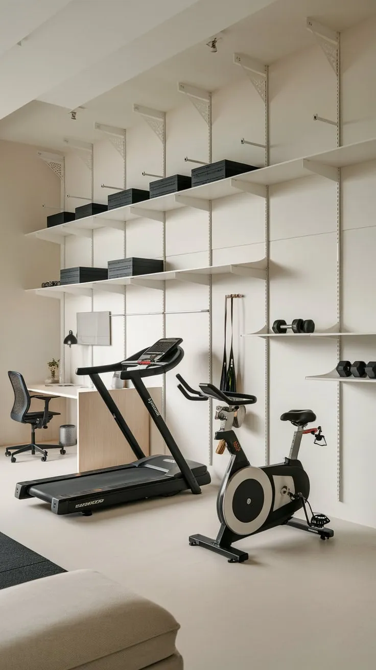 Aesthetic white shelving maximizes space and minimizes clutter in a stylish home gym and office combo, showcasing a treadmill, stationary bike, and dumbbells.