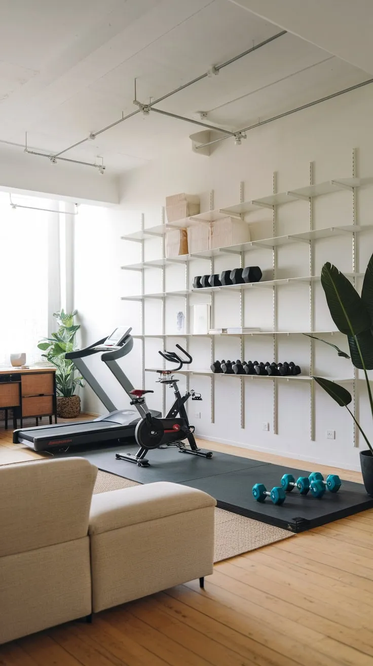 A minimalist home gym seamlessly blends living space, office, and bedroom storage using a white metal shelving system to house a treadmill, bike, dumbbells, and more.