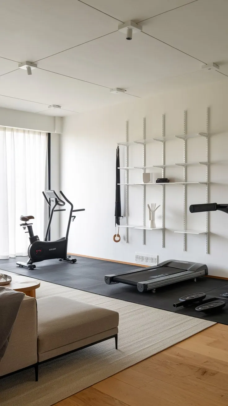 A minimalist home gym seamlessly integrates a living room, utilizing a stylish white storage wall to keep fitness equipment organized and readily accessible.